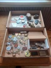 2 Boxes of Assorted Pins, Lighters, Coins, & Small Items