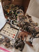 Large box lot of vintage costume jewelry: rings, beads, necklaces +