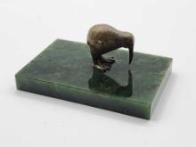 Antique miniature bronze Kiwi bird on jadeite base