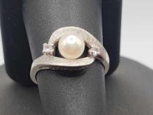 Vintage 10k white gold cultured pearl ring, size 8