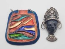 Vintage Mexican silver Los Ballesteros face pin & enamel pendant