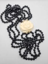 Vintage carved rose & black onyx triple strand necklace
