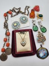 Vintage costume jewelry lot: locket, amber, enamel, rhinestones