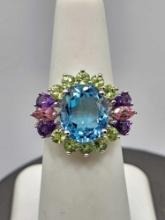 Gorgeous blue topaz, amethyst & peridot sterling silver ring, size 6