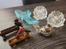 Vintage collectible lot: Orrefors glass, slipper, art glass bird, toothpick birds