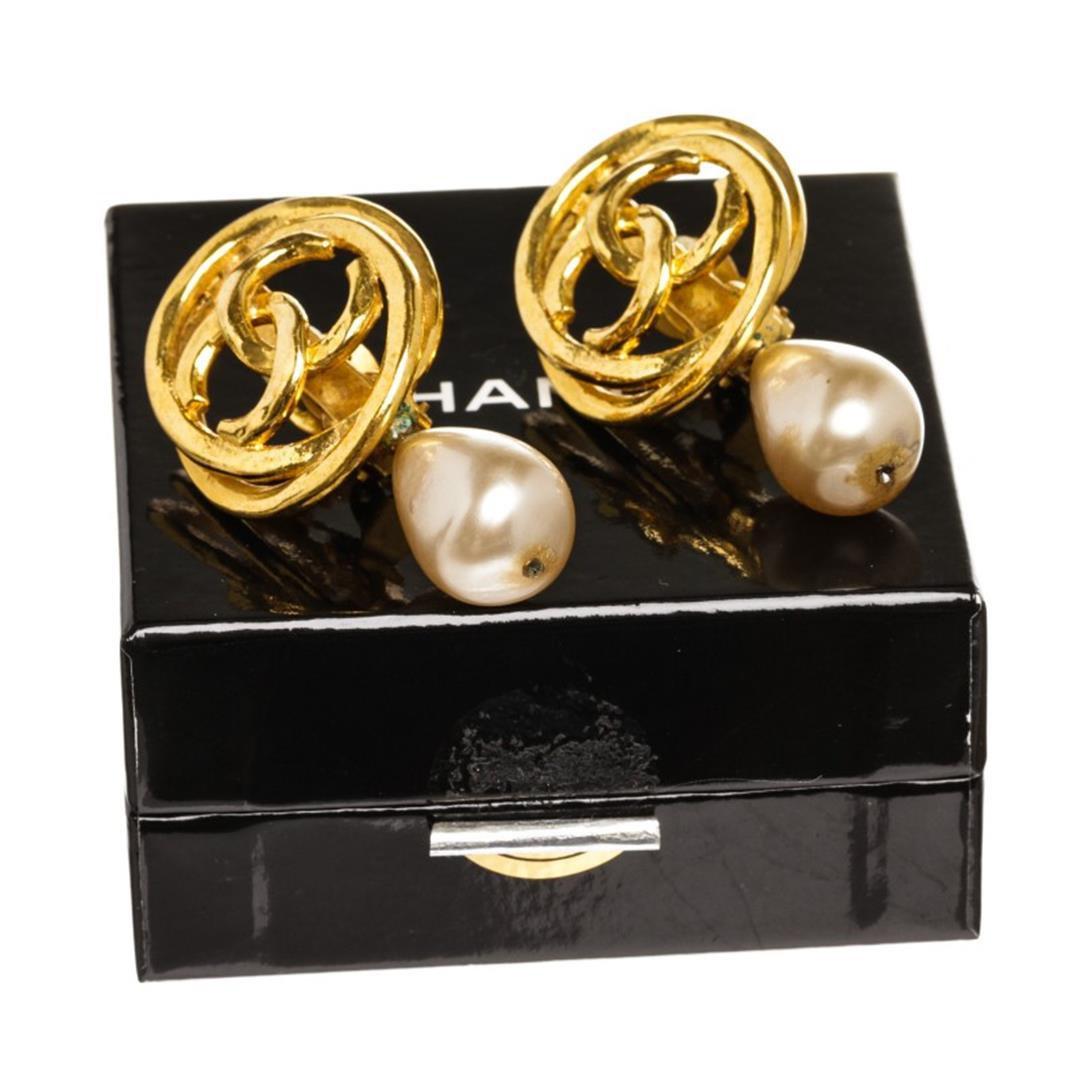 Chanel Gold CC Logo Faux Pearl Drop Clip On Earrings