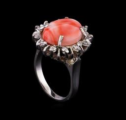 6.18 ctw Coral and Diamond Ring - 14KT White Gold