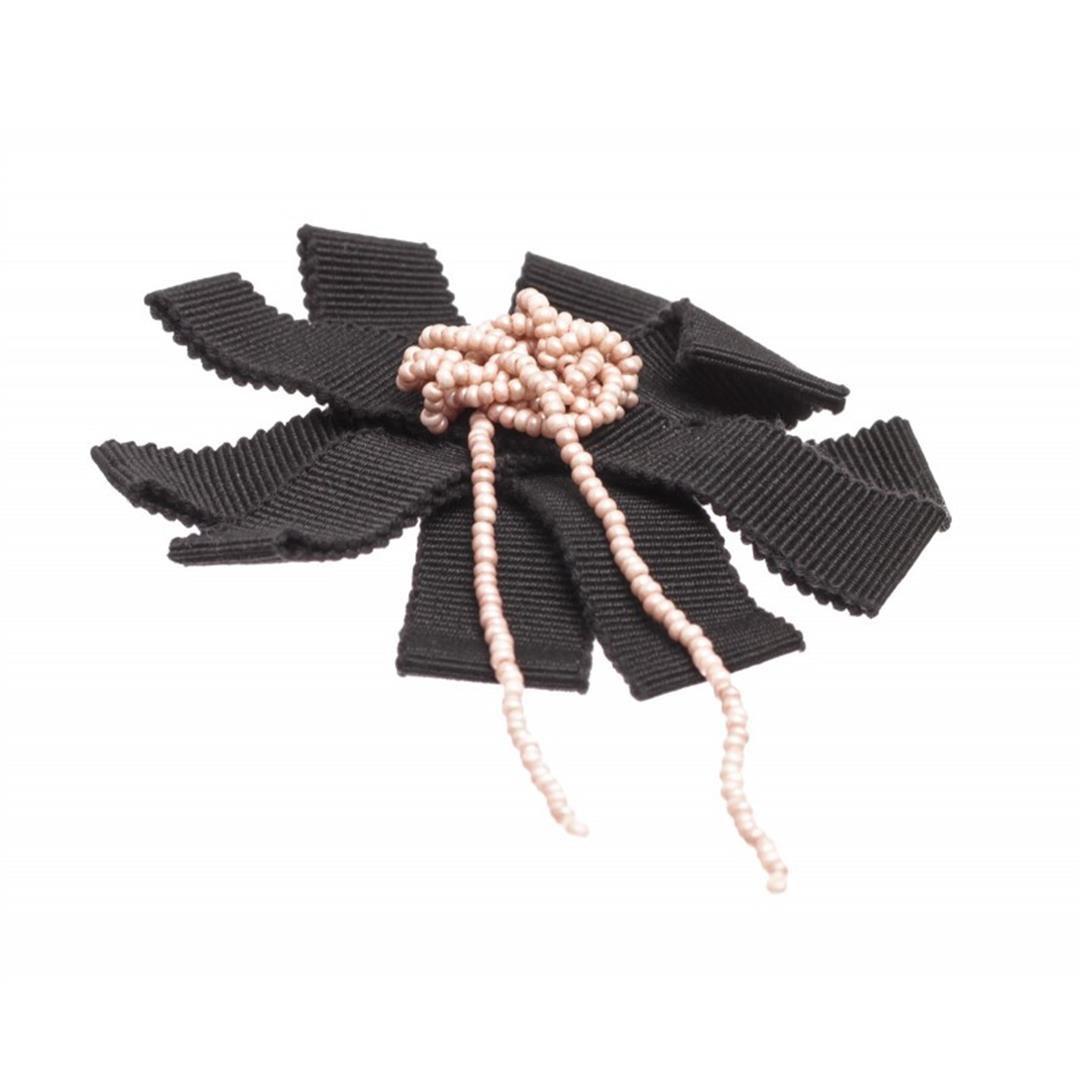 Chanel Black Ribbon Pink Beaded Center Camellia Flower Brooch