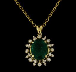 6.40 ctw Emerald and Diamond Pendant With Chain - 14KT Yellow Gold