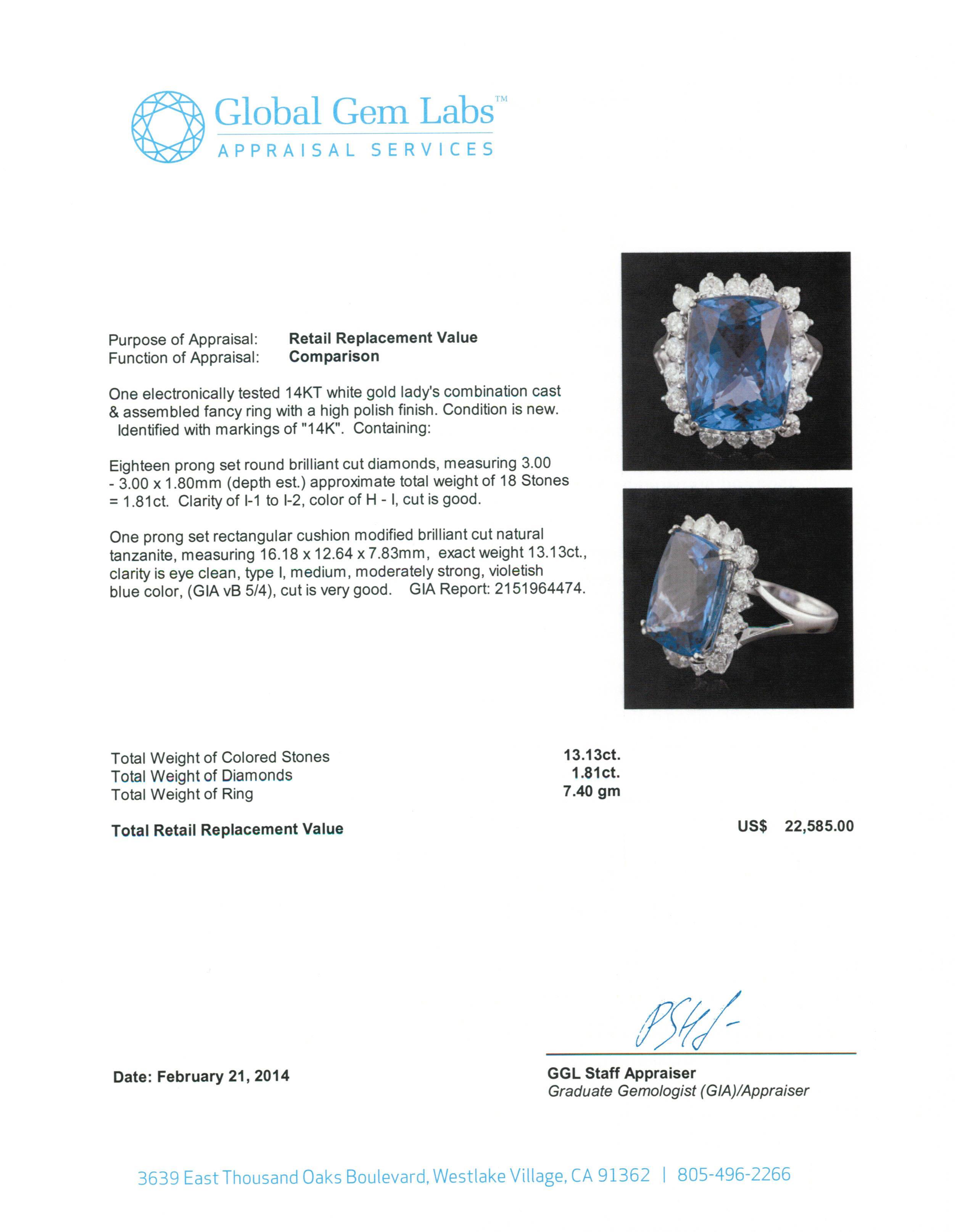 14KT White Gold 13.13 ctw GIA Certified Tanzanite and Diamond Ring