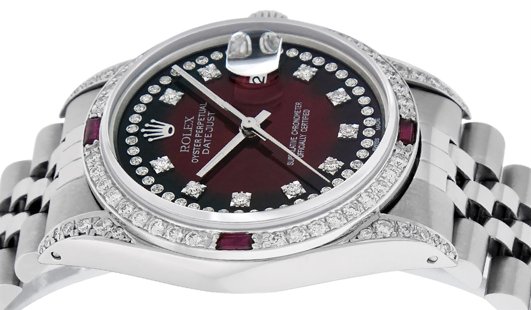 Rolex Mens Stainless Steel Diamond Lugs Red Vignette & Ruby Datejust Wristwatch