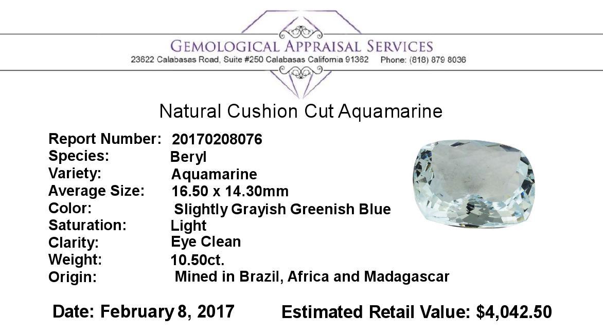 10.50 ct.Natural Cushion Cut Aquamarine