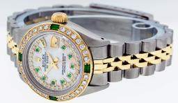 Rolex Ladies 2 Tone 14K MOP Diamond & Emerald Datejust Wristwatch