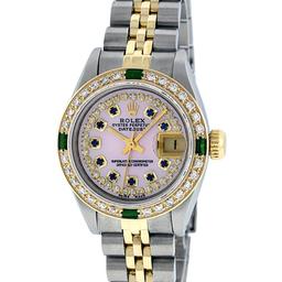Rolex Ladies 2 Tone 14K Pink MOP Sapphire & Emerald Datejust Wriswatch