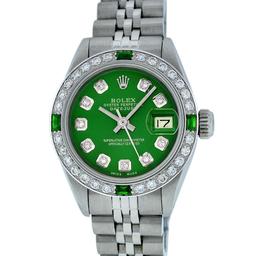 Rolex Ladies Stainless Steel Green Diamond & Emerald 26MM Datejust Wristwatch