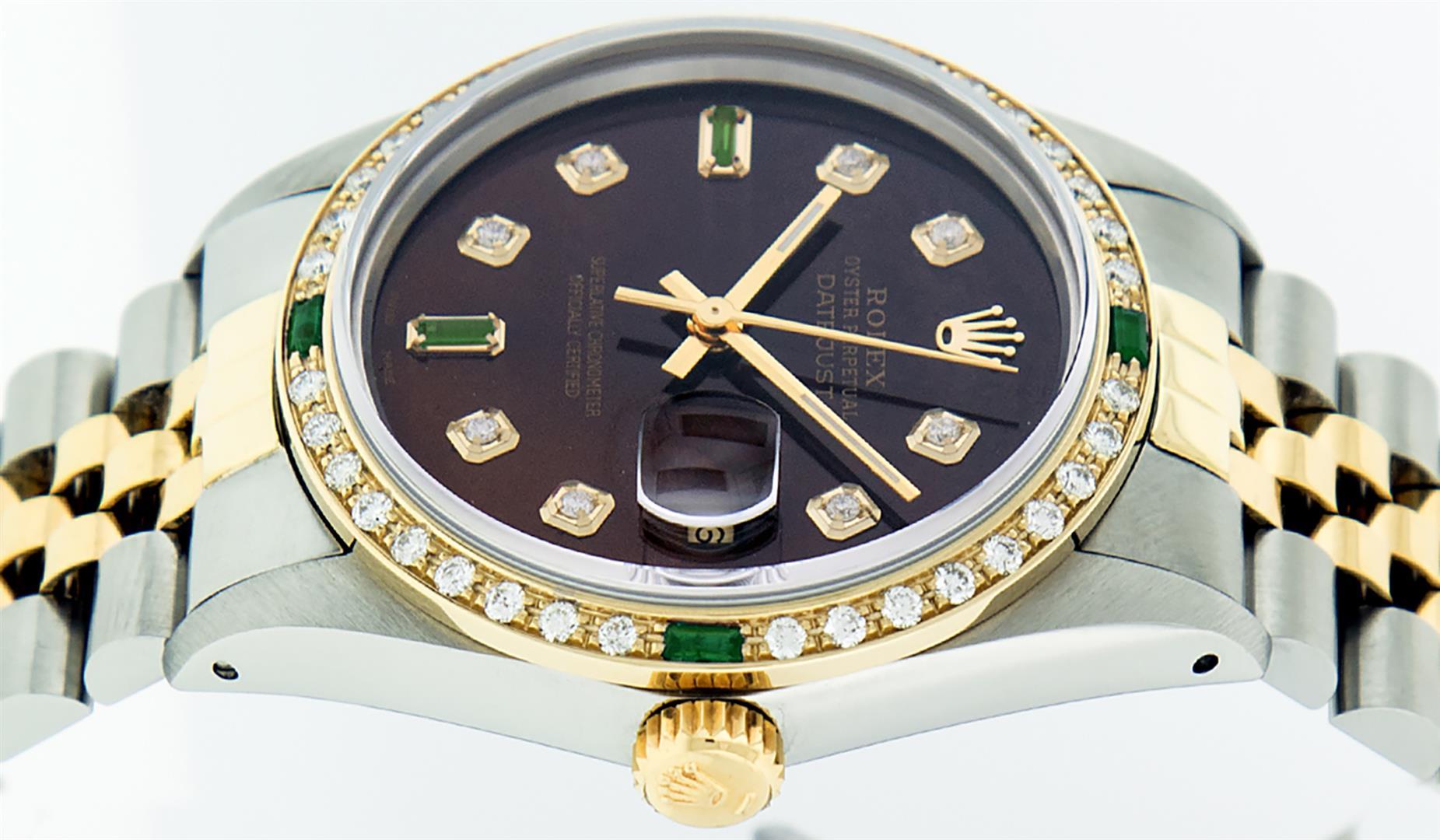 Rolex Mens 2 Tone 14K Brown Diamond & Emerald 36MM Datejust Wristwatch