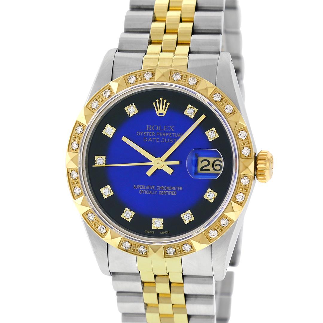 Rolex Mens 2 Tone 14K Blue Vignette String Pyramid Diamond Datejust Wristwatch