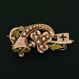 Victorian 12k Rose & Green Gold Natural Seed Pearl Flower Brooch