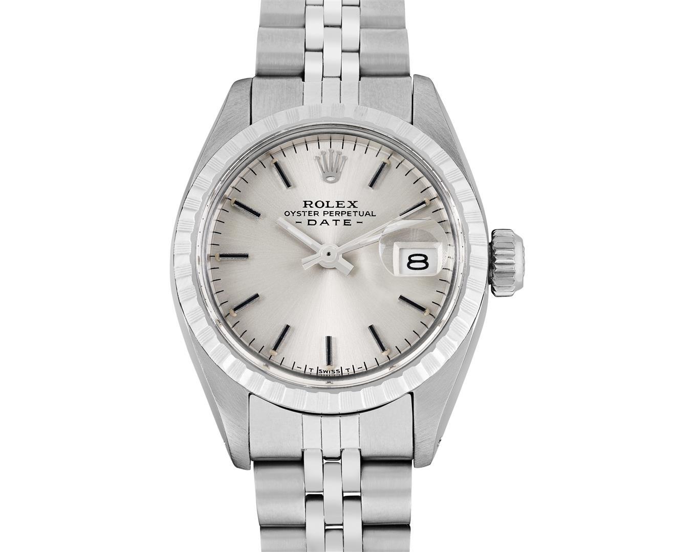 Rolex Ladies Stainless Steel Silver Index Dial Engine Turn Bezel Date Watch With