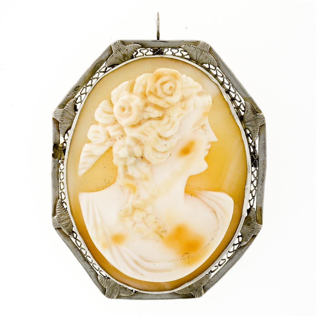Antique 14K White Gold Carved Shell Cameo & Open Filigree Frame Brooch Pendant