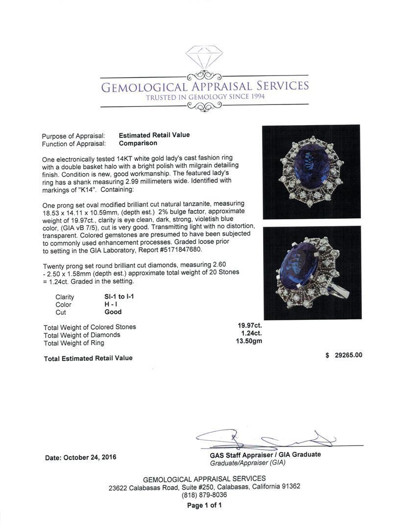 GIA Cert 19.97 ctw Tanzanite and Diamond Ring - 14KT White Gold