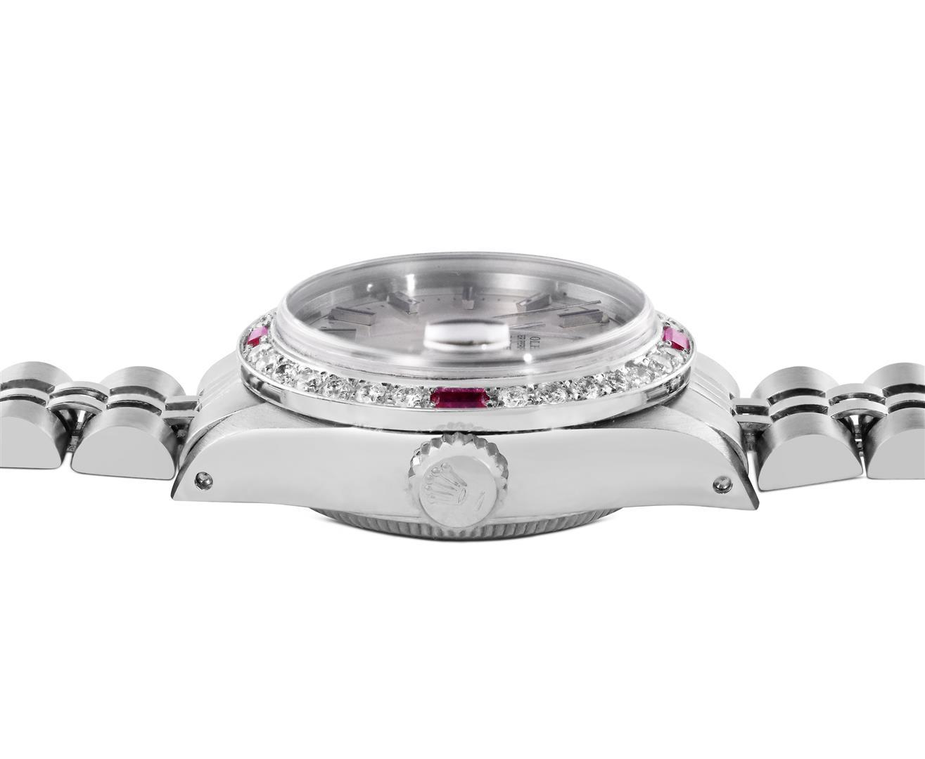 Rolex Ladies Stainless Steel Silver Index Dial 18K White Gold Diamond And Ruby B