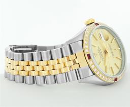 Rolex Mens 2T Champagne Index Dial 18K Yellow Gold Diamond And Ruby Bezel Dateju