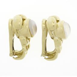 Vintage Kaufmann De Suisse 18K Gold Moonstone Wide Braided Clip On Cuff Earrings