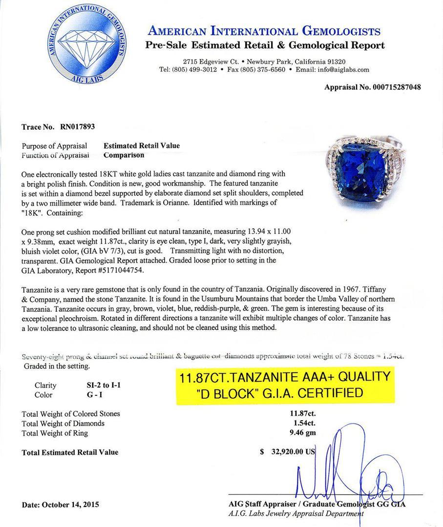 11.87 ctw DARK Tanzanite and 1.54 ctw Diamond 18K White Gold Ring (GIA CERTIFIED