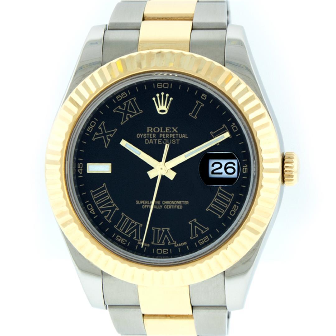 Rolex Mens 41MM Datejust 2 18K Yellow Gold And Steel Black Roman Oyster Band Wri