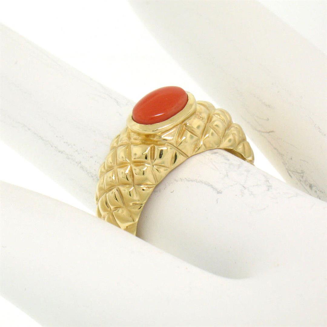 14k Yellow Gold NICE Oval Cabochon Bezel Set Coral Domed Quilted Texture Ring
