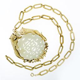 Vintage Large 14k Gold Carved Pierced Jade Pendant w/ Detailed Dual Cat Frame