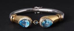 Sterling Silver, 14K Yellow Gold & Blue Topaz Split Bracelet