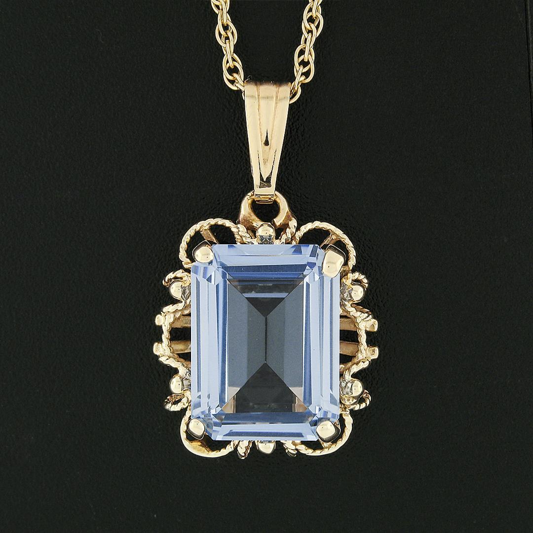 Vintage 14k Gold Blue Stone Solitaire In Open Twisted Wire 18" Pendant Necklace