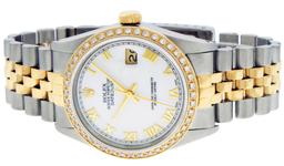 Rolex Mens Two Tone White Roman Diamond Bezel 36MM Datejust Wristwatch