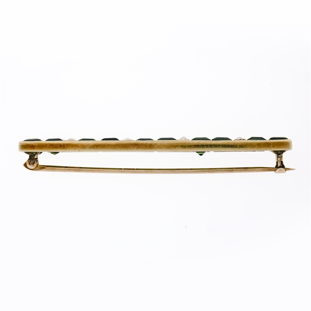 Antique Victorian 14K Yellow Gold Green Tourmaline Pearl Milgrain Bar Brooch Pin