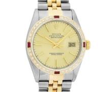 Rolex Mens 2T Champagne Index Dial 18K Yellow Gold Diamond And Ruby Bezel Dateju