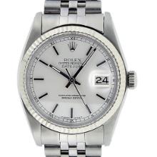 Rolex Mens Stainless Steel 36MM Silver Index 14K White Gold Fluted Bezel Datejus
