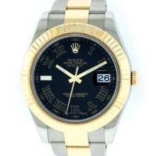 Rolex Mens 41MM Datejust 2 18K Yellow Gold And Steel Black Roman Oyster Band Wri