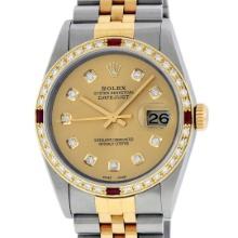 Rolex Mens Two Tone Champagne Diamond And Ruby 36MM Datejust Wristwatch