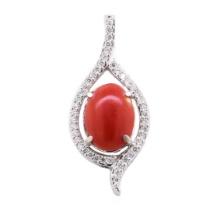 5.65 ctw Red Coral and Diamond Pendant - 14KT White Gold