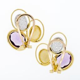 Vintage Modernist 18k Gold Amethyst Diamond Triple Oval Large Statement Earrings
