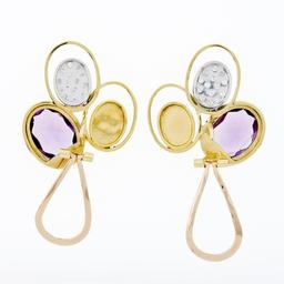 Vintage Modernist 18k Gold Amethyst Diamond Triple Oval Large Statement Earrings