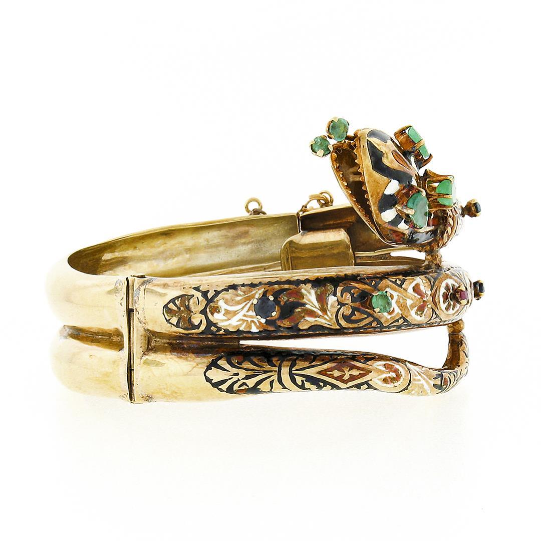 Vintage 14k Gold Multi Gemstone Enamel Coiled Snake Open Hinged Bangle Bracelet