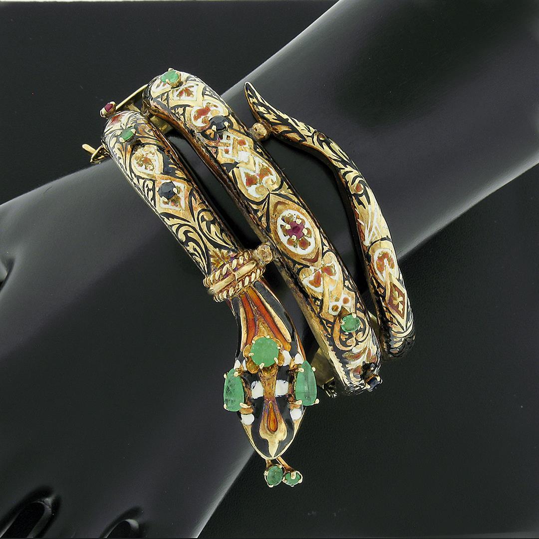 Vintage 14k Gold Multi Gemstone Enamel Coiled Snake Open Hinged Bangle Bracelet