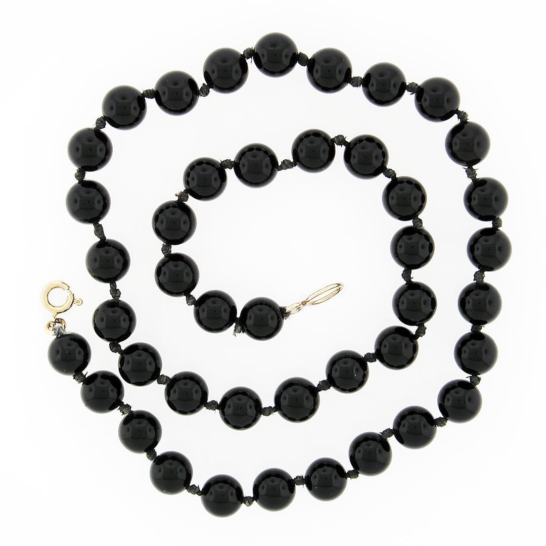 Vintage 18" Polished 8mm Black Onyx Bead Necklace w/ 14K Yellow Gold Clasp