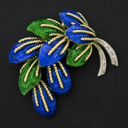 Vintage Italian 18K TT Gold Green Blue Enamel & Diamond Textured Leaf Brooch Pin