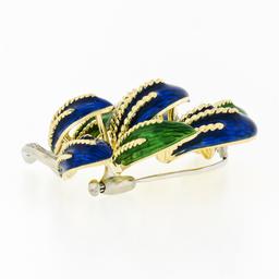 Vintage Italian 18K TT Gold Green Blue Enamel & Diamond Textured Leaf Brooch Pin