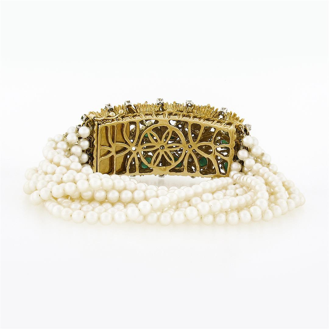 Vintage 18k Gold 7" 14.65 ctw Diamond & Cabochon Emerald 12 Strand Pearl Bracele