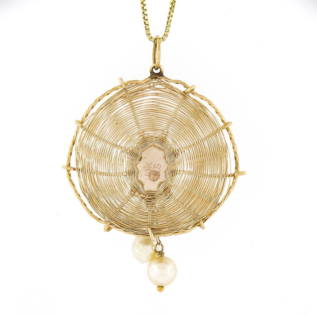 Vintage 14k Gold Handmade Wire Sombrero Hat Pearl Dangle Charm Pendant w/ Chain